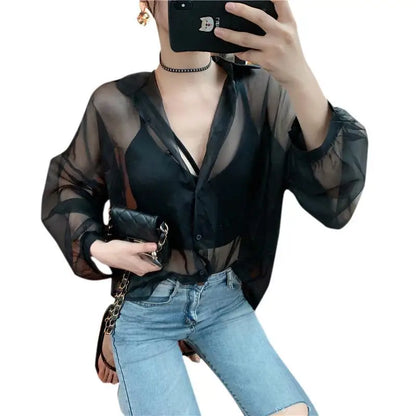 Blouse Women Women's Clothing Summer Sexy Chiffon Perspective Shirt Coat Female Blusas Ropa De Mujer