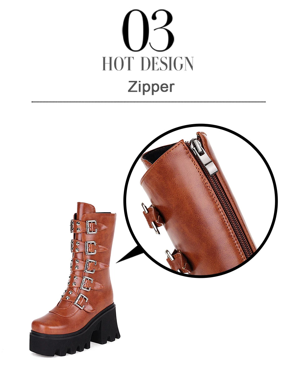 Gdgydh Autumn Winter Gothic Punk Womens Platform Boots Black Blet Buckle Strap Creepers Platform Shoes With Zipper Military Boot