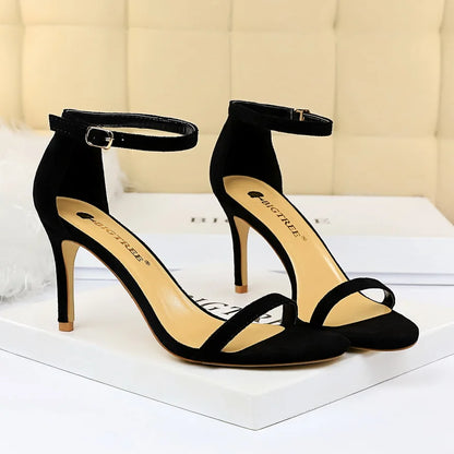 Women 10cm High Heels Flock Stripper Sandals Female Fetish Strappy Red Shoes Lady Valentine Green Summer Classic Sexy Pumps