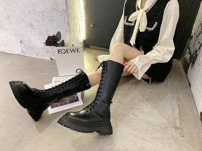 Women Motorcycle Boots Wedges Flat Shoes Woman High Heel Platform PU Leather Boots Lace Up Women Shoes Black Boots Girls2021