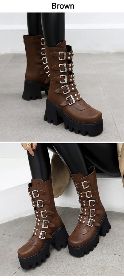 Gdgydh Autumn Winter Gothic Punk Womens Platform Boots Black Blet Buckle Strap Creepers Platform Shoes With Zipper Military Boot