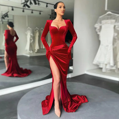GACVGA Elegant Long Dress Evening Party Gown Outfits Women Gloves Sleeve Red Velvet Sexy Slit Maxi Dresses Bridesmaid Vestidos