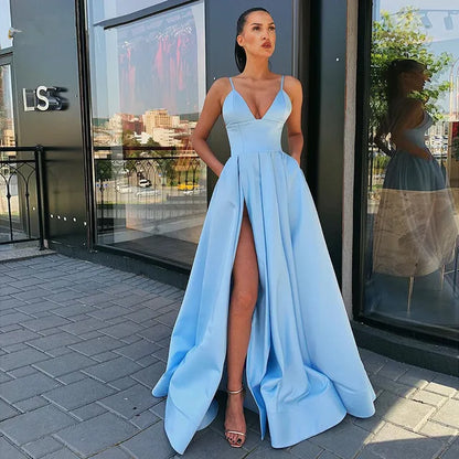 Robe de soiree V Neck Satin Evening Dress Spaghetti Strap Side Slit Prom Dress High Waist Evening Gowns Party Dress Customized