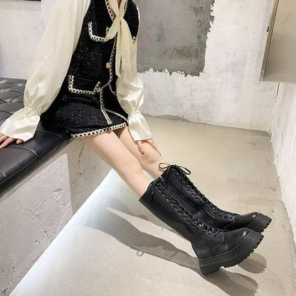 Women Motorcycle Boots Wedges Flat Shoes Woman High Heel Platform PU Leather Boots Lace Up Women Shoes Black Boots Girls2021