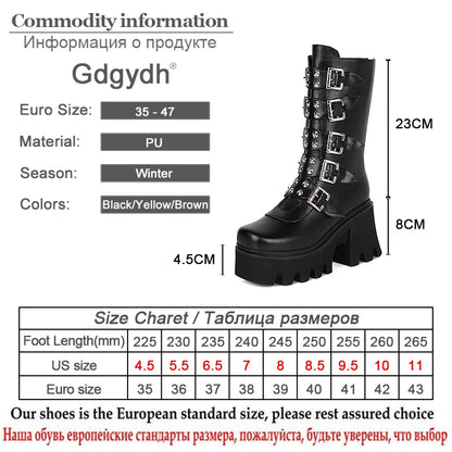 Gdgydh Autumn Winter Gothic Punk Womens Platform Boots Black Blet Buckle Strap Creepers Platform Shoes With Zipper Military Boot
