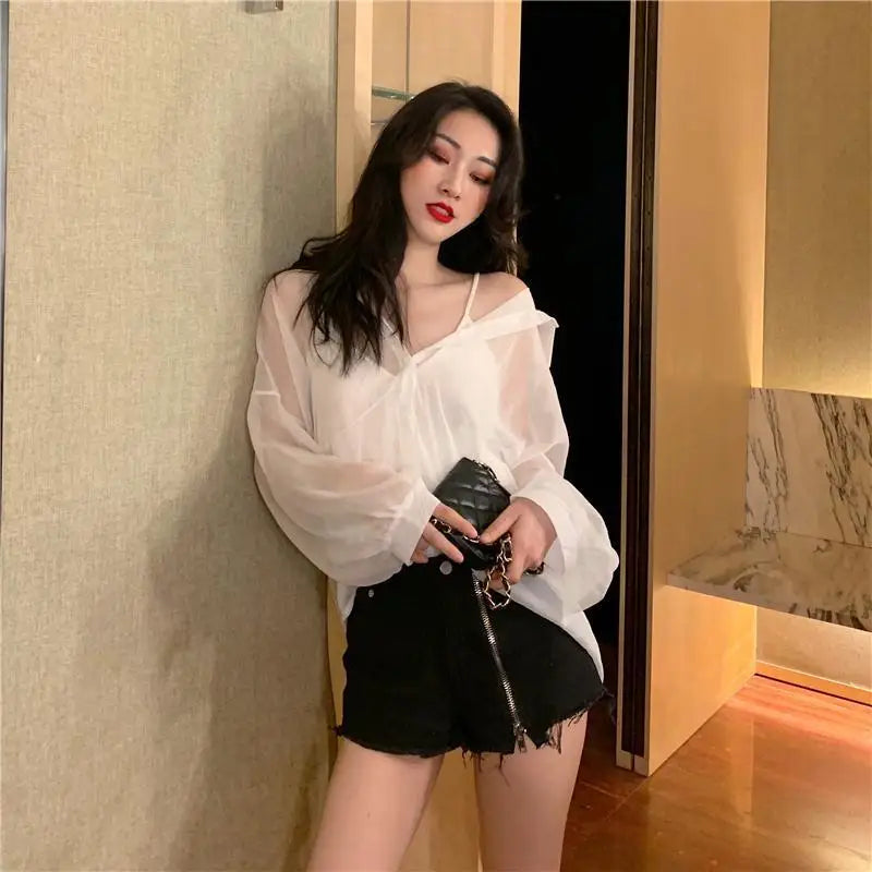 Blouse Women Women's Clothing Summer Sexy Chiffon Perspective Shirt Coat Female Blusas Ropa De Mujer