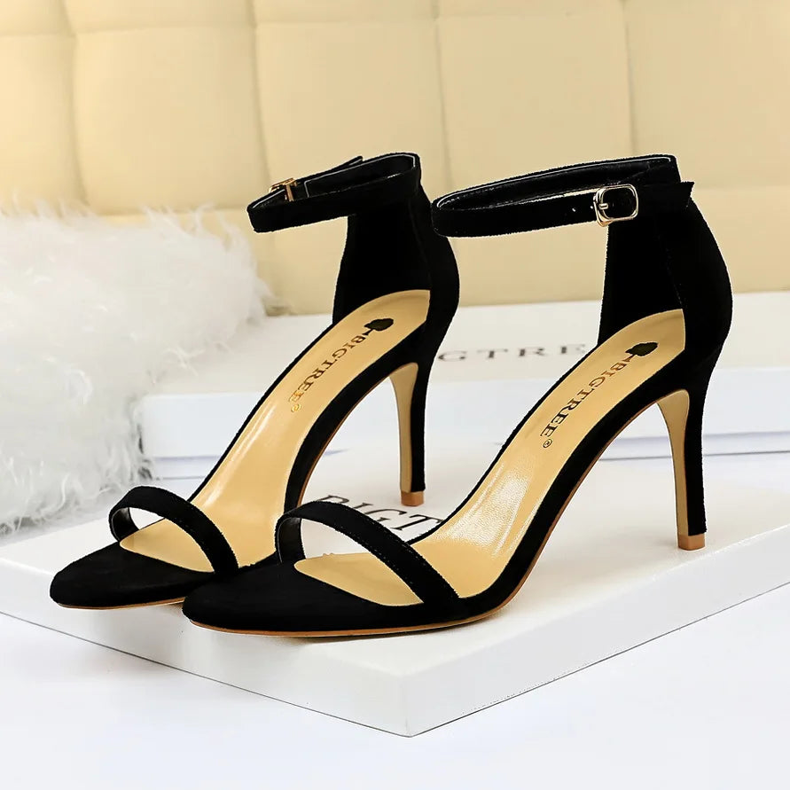 Women 10cm High Heels Flock Stripper Sandals Female Fetish Strappy Red Shoes Lady Valentine Green Summer Classic Sexy Pumps