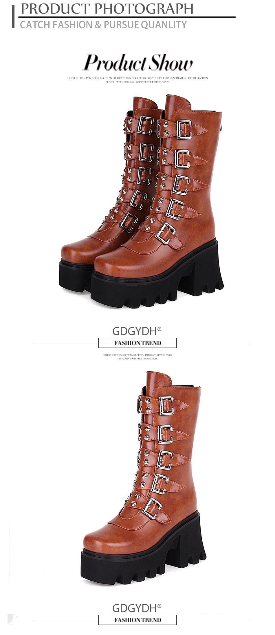 Gdgydh Autumn Winter Gothic Punk Womens Platform Boots Black Blet Buckle Strap Creepers Platform Shoes With Zipper Military Boot