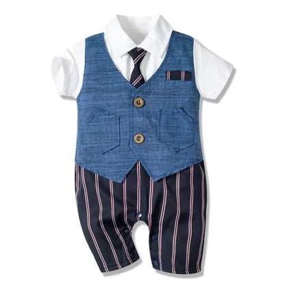Baby Boy Clothes Summer Cotton Formal Romper Gentleman Tie Outfit Newborn One-Piece Clothing Handsome Button Jumpsuit Party Suit