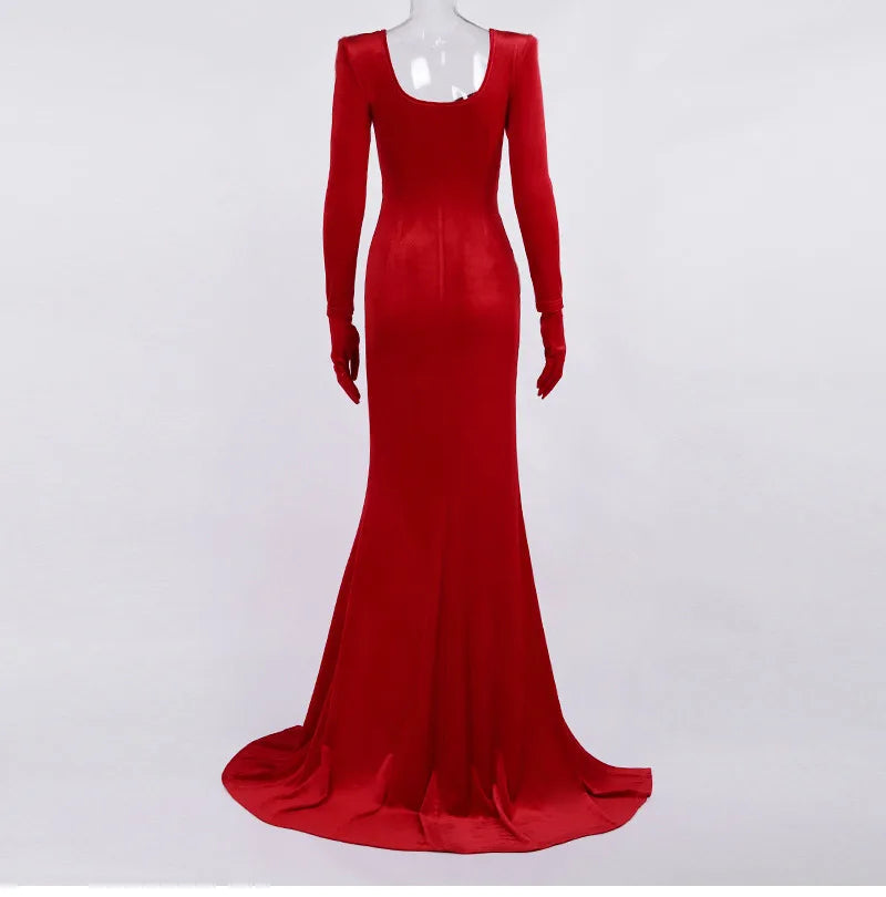 GACVGA Elegant Long Dress Evening Party Gown Outfits Women Gloves Sleeve Red Velvet Sexy Slit Maxi Dresses Bridesmaid Vestidos