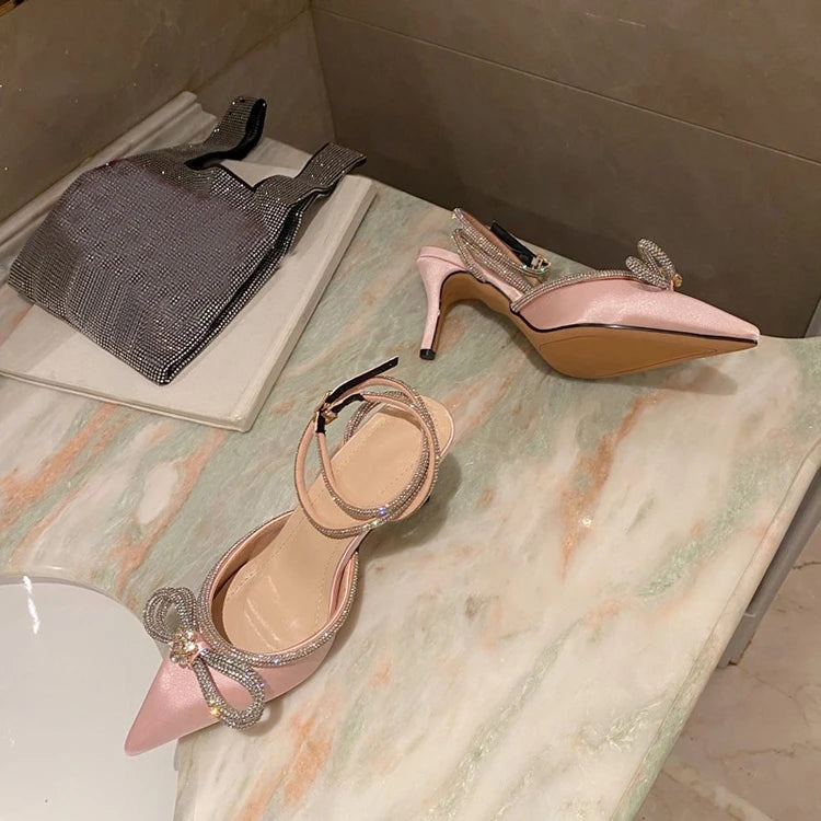 Eilyken Style Glitter Rhinestones Silk Transparent Pumps Women Crystal Bowknot Satin High Heels Party Prom Stripper Shoes