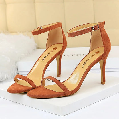 Women 10cm High Heels Flock Stripper Sandals Female Fetish Strappy Red Shoes Lady Valentine Green Summer Classic Sexy Pumps