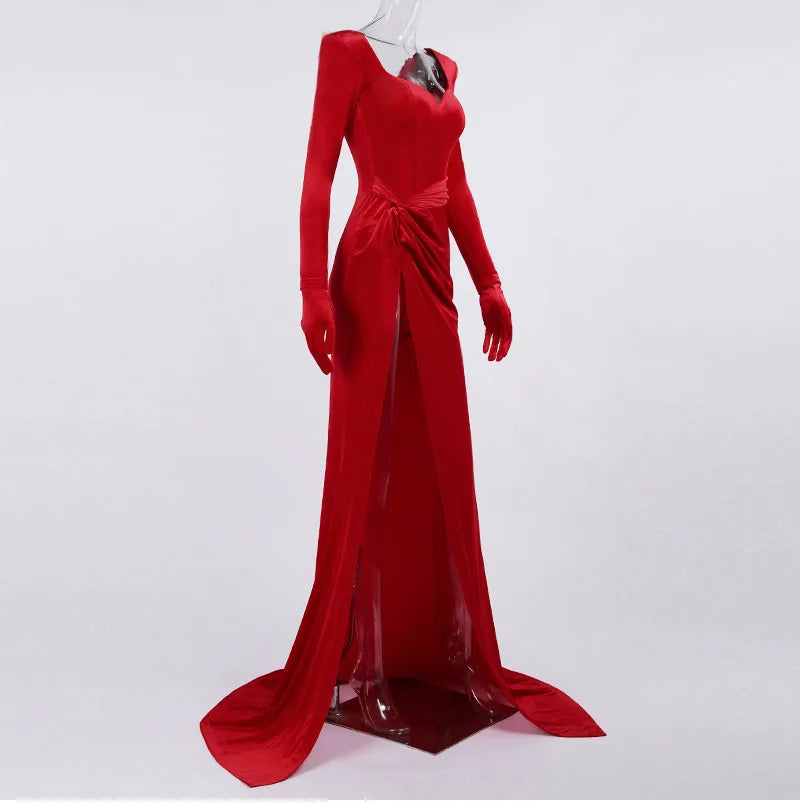 GACVGA Elegant Long Dress Evening Party Gown Outfits Women Gloves Sleeve Red Velvet Sexy Slit Maxi Dresses Bridesmaid Vestidos