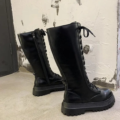 Women Motorcycle Boots Wedges Flat Shoes Woman High Heel Platform PU Leather Boots Lace Up Women Shoes Black Boots Girls2021