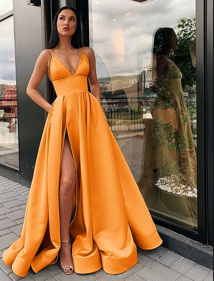 Robe de soiree V Neck Satin Evening Dress Spaghetti Strap Side Slit Prom Dress High Waist Evening Gowns Party Dress Customized