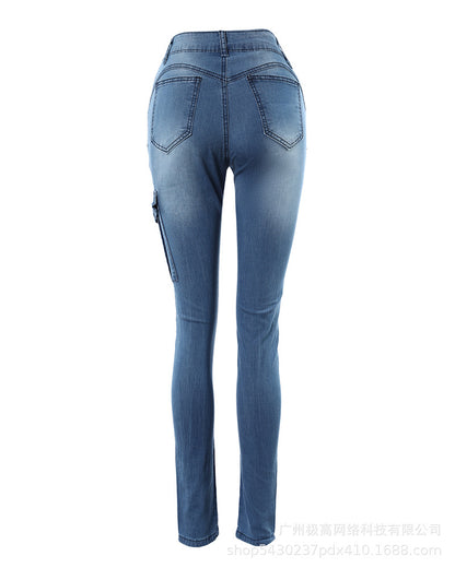 Women's Denim Pants 2025 Summer New Fashion Solid Color Buttoned Pocket Zipper Design High Waist Casual Daily Skinny Jeans