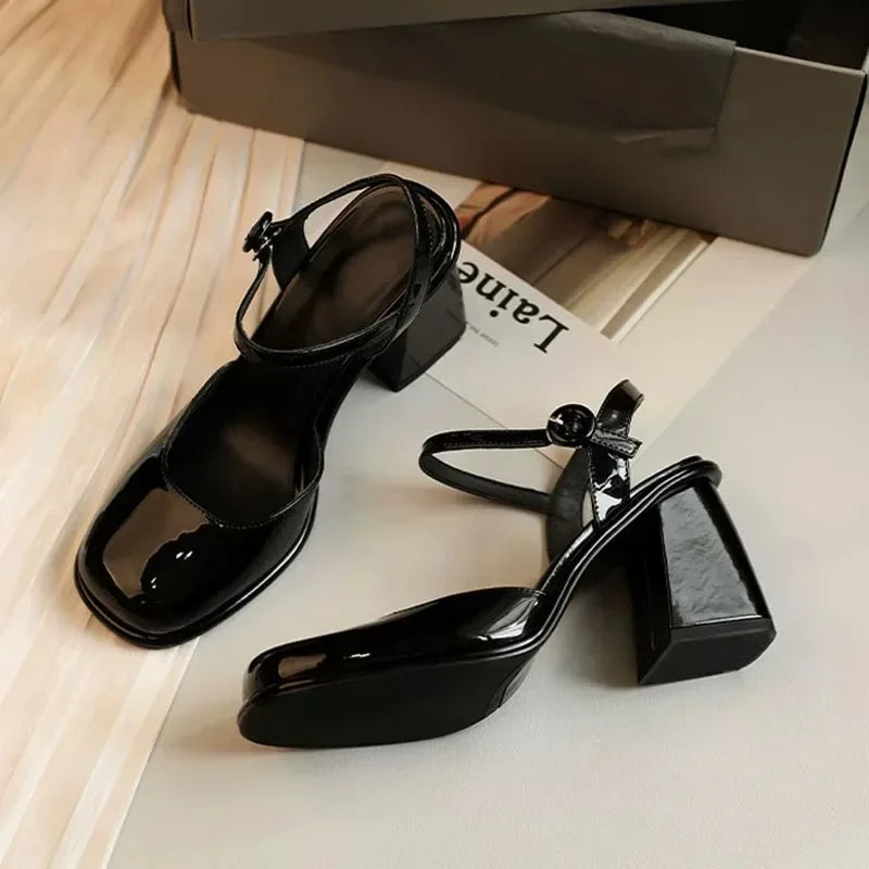 2025 Shoes Female Slingbacks  High Heels Fashion Dress Pumps  Shallow High Chunky  Buckle Strap Women's Sandals