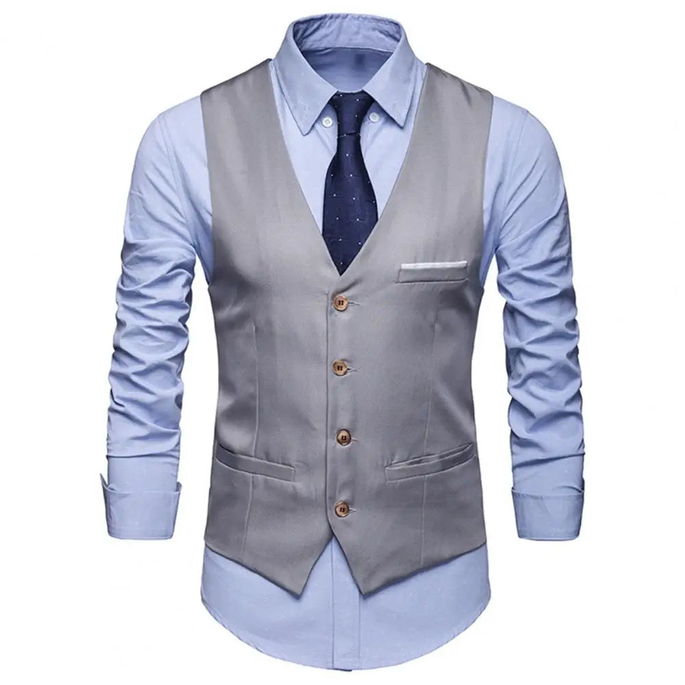 Men Business Waistcoat Workwear Business Formal Wedding Waistcoat Pockets Removable White Strips Suit Vest Classic Solid Color
