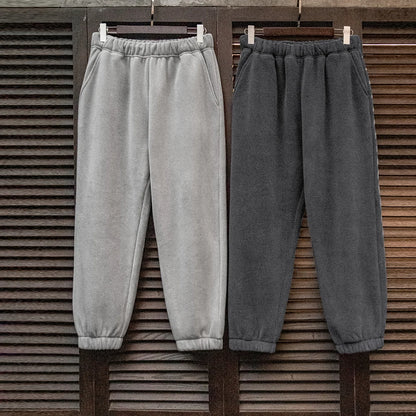 Maden Men's Casual Solid Color Polar Fleece Cuffed Sweatpants Elastic Waist Fleece-lined Pants Warm Sports Straight-leg Trousers