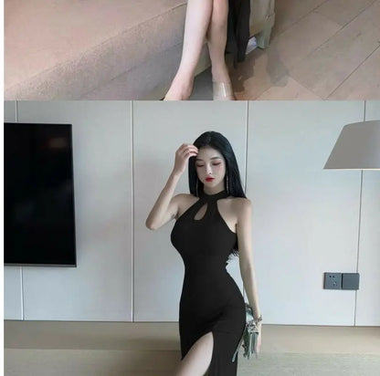 Vintage French Dress for Women Sleeveless Halter High Waist Slit Long Dresses Summer New Chic Temperament Vestidos