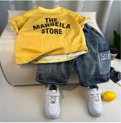 Hot Sale Fashion Baby Boy Suit Summer Clothes Short Sleeve T-shirt Short Jeans 2 Piece Set Kids Outfit 2-11Y Children's Costume