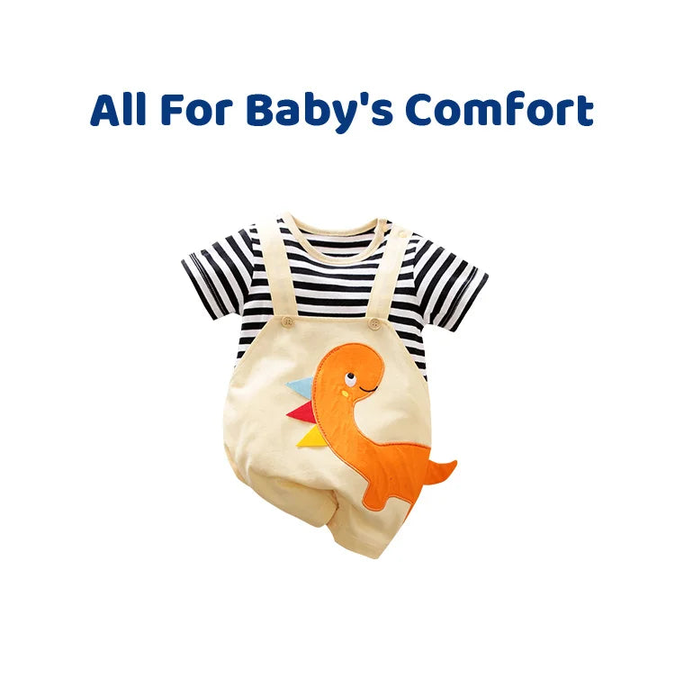 Summer Boys and Girls Cartoon Dinosaur Embroidery 3D Design Strap Splice All Cotton Short Sleeve Baby Clothing Bodysuit