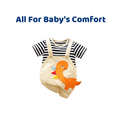 Summer Boys and Girls Cartoon Dinosaur Embroidery 3D Design Strap Splice All Cotton Short Sleeve Baby Clothing Bodysuit