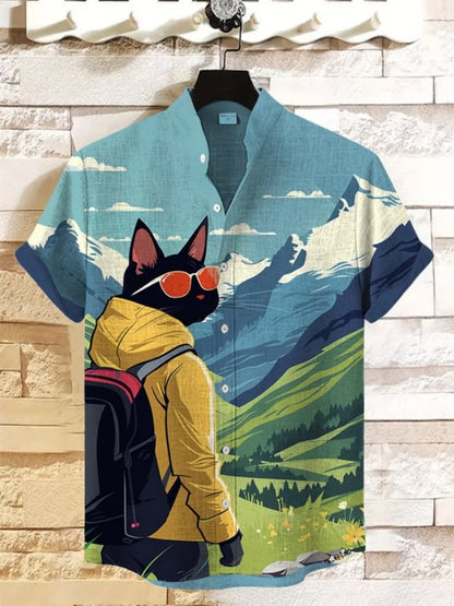 New cartoon cat-themed short-sleeved shirt, summer retro men's art print shirt, casual vacation streetwear