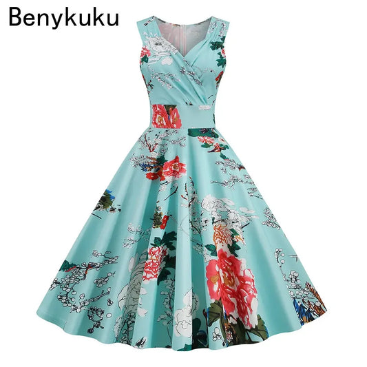 Floral Print 1950s 60s Vintage Women Dress Elegant Summer Robe Ladies Sleeveless V Neck A Line Swing Rockabilly Dresses 2025