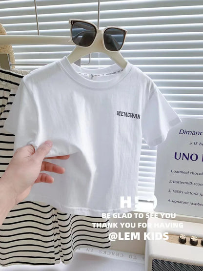 New Summer Girls Clothing Set Comfortable Style Short Sleeve T-shirt + Stripe Pants 2Pcs Suit For Girl Children Fashion Outfit