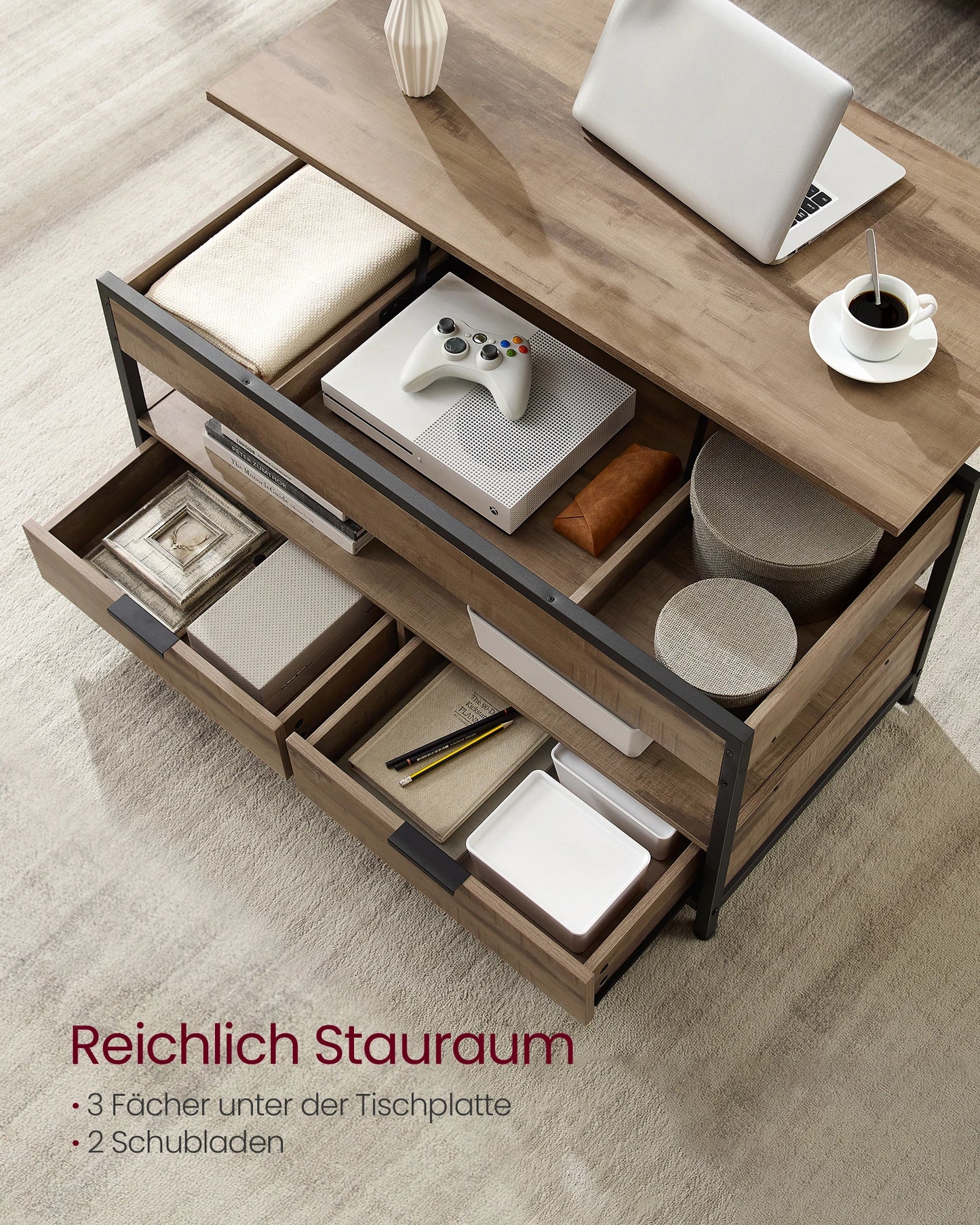 VASAGLE coffee table, height adjustable living room table, coffee table, with drawers, open compartment, 50x100 x (48-63)cm
