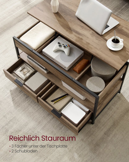 VASAGLE coffee table, height adjustable living room table, coffee table, with drawers, open compartment, 50x100 x (48-63)cm