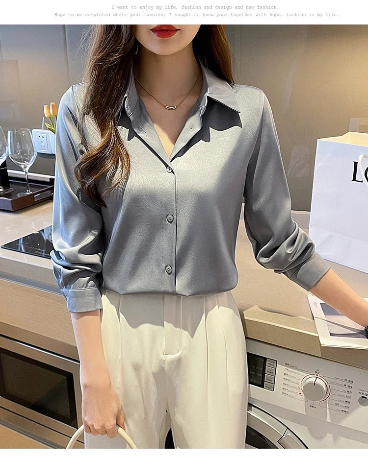 Fashion elegant satin shirts solid color ladies shirts causal Women's Blouses Spring Long Sleeve Shirts Tops Blusas Mujer