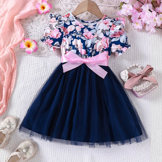 New girls' summer style bubble sleeve flower printed mesh dress