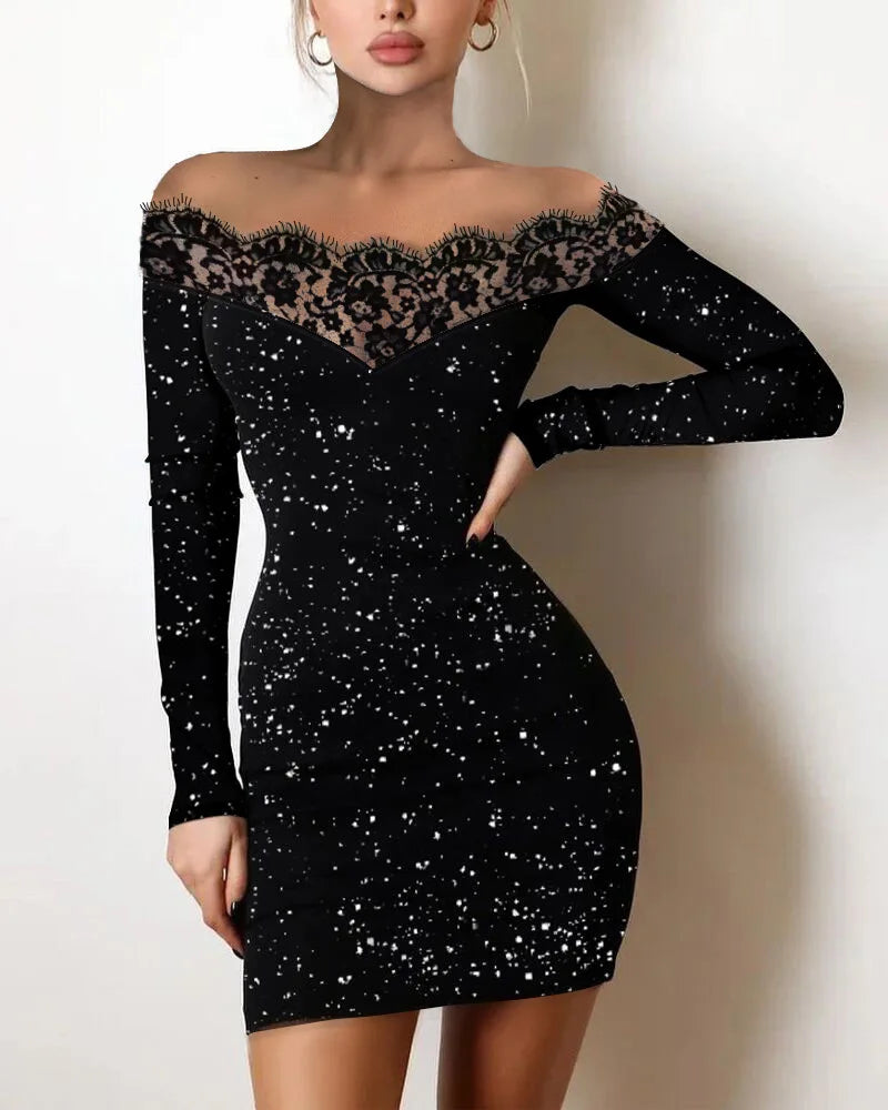 Dress Women Sexy Sheath Dresses Lace Hollow Out Sequins Sleeveless Slash Neck Full Sleeve Slim 2025 Female Party Vestidos