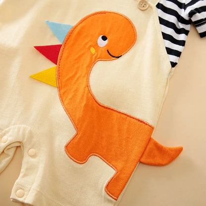 Summer Boys and Girls Cartoon Dinosaur Embroidery 3D Design Strap Splice All Cotton Short Sleeve Baby Clothing Bodysuit