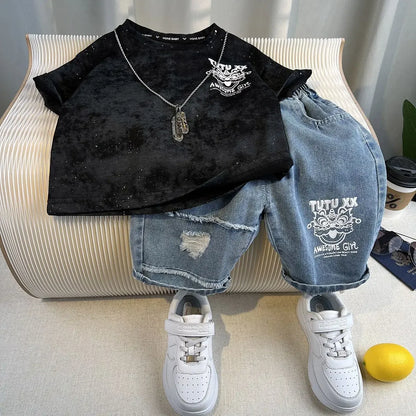 Hot Sale Fashion Baby Boy Suit Summer Clothes Short Sleeve T-shirt Short Jeans 2 Piece Set Kids Outfit 2-11Y Children's Costume