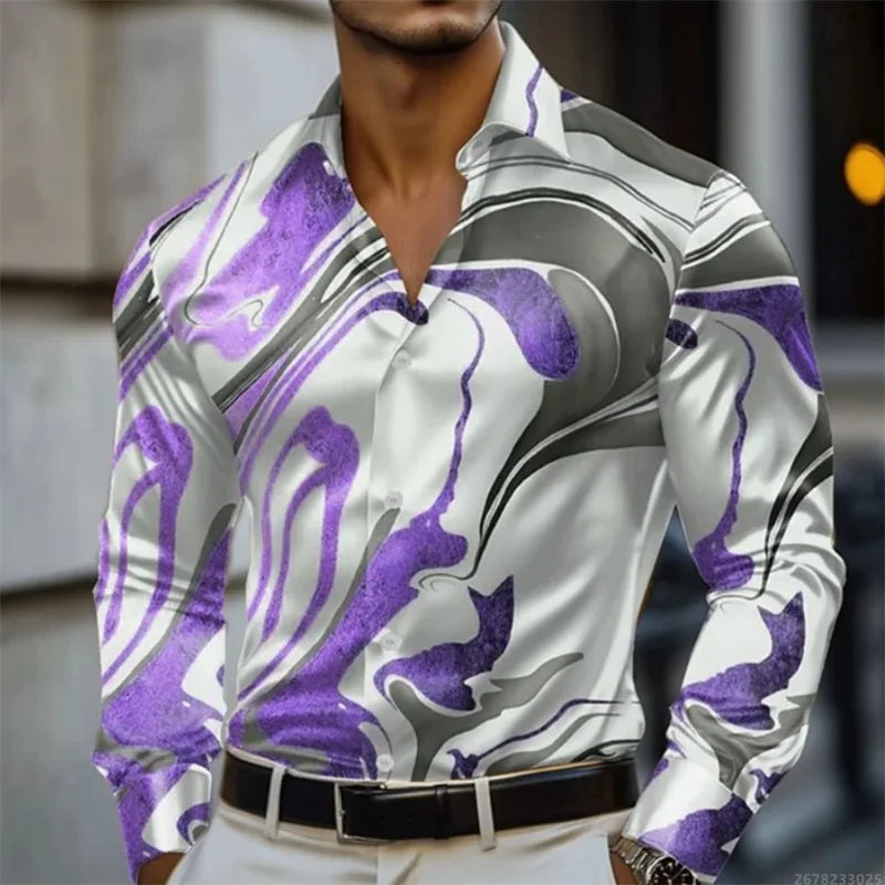 Men's shirt abstract liquid art 3D print shirt, spring and autumn lapel long-sleeved shirt, fashionable casual men's top