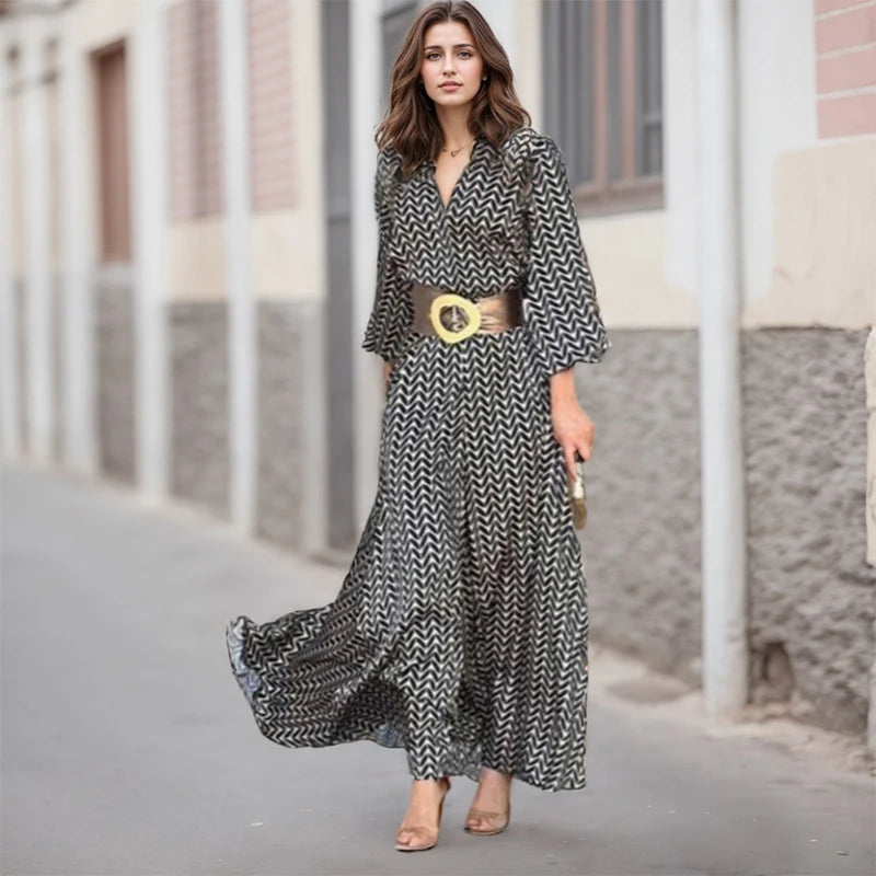 Spring Autumn New Dress Vintage Elegant Black And White Printed V Neck Slim Dresses Fashion Gather Together Slim Long Vestidos