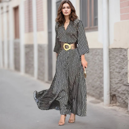 Spring Autumn New Dress Vintage Elegant Black And White Printed V Neck Slim Dresses Fashion Gather Together Slim Long Vestidos