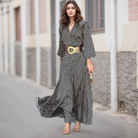 Spring Autumn New Dress Vintage Elegant Black And White Printed V Neck Slim Dresses Fashion Gather Together Slim Long Vestidos