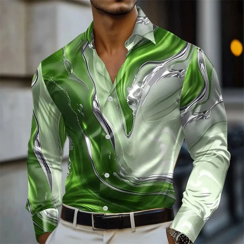 Men's shirt abstract liquid art 3D print shirt, spring and autumn lapel long-sleeved shirt, fashionable casual men's top
