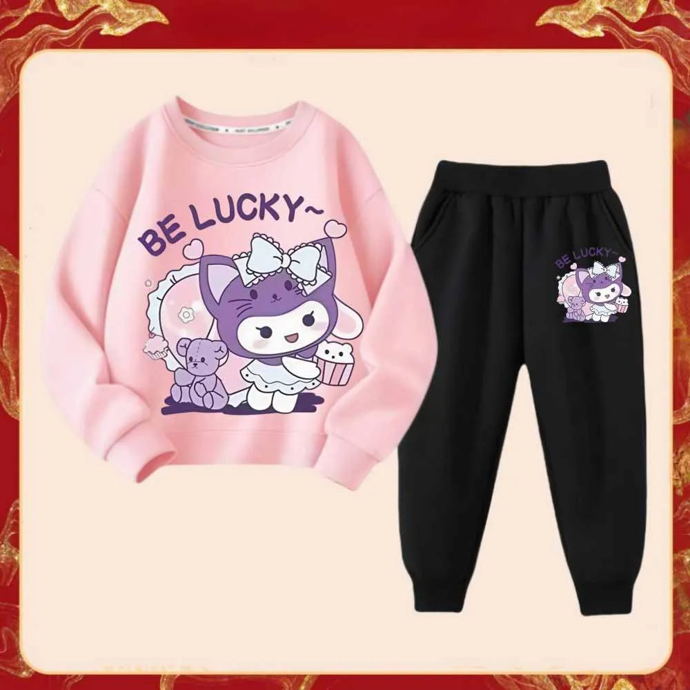 2025 Spring New Kid's Cartoon Kuromi Clothing Sets Children's Hoodies and Long Pants Two Piece Suit for Girl Casual Sweatsuit