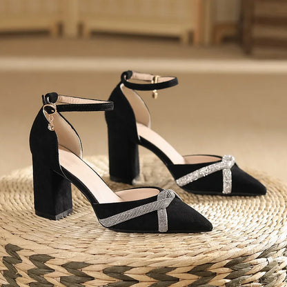 Size 30-44 Chunky Heel Hollow Point Toe High Heels Women Shoes Solid Color Ankle Strap Rhinestone Black Heels