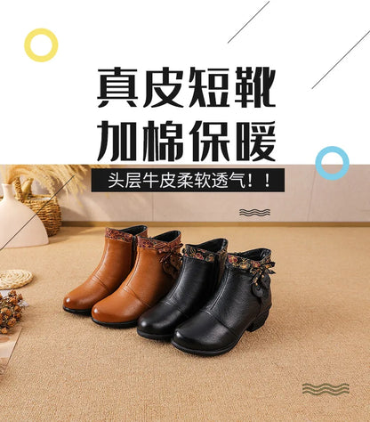 Top layer cowhide 2025 autumn and winter new retro ethnic style feature thick heel buckle splicing versatile women's short boots