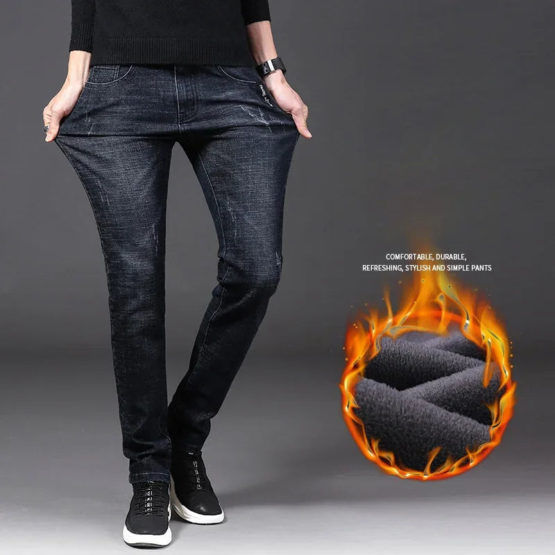 Winter Men Thermal Jeans Snow Warm Stretch Straight Jeans Man Fleece Denim Long Pants Narrow Leg Slim Fit Blue Black Trousers
