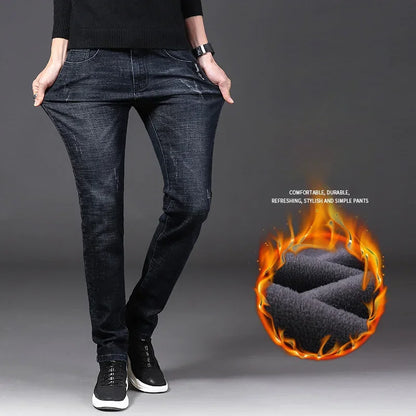 Winter Men Thermal Jeans Snow Warm Stretch Straight Jeans Man Fleece Denim Long Pants Narrow Leg Slim Fit Blue Black Trousers