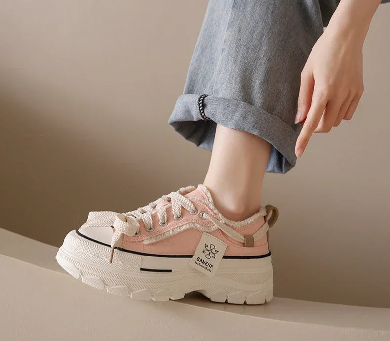 2025 Autumn New Women's Canvas Shoes Round Head Thick Soles Fringed Denim Casual Shoes Increased Height Sports