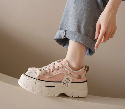 2025 Autumn New Women's Canvas Shoes Round Head Thick Soles Fringed Denim Casual Shoes Increased Height Sports