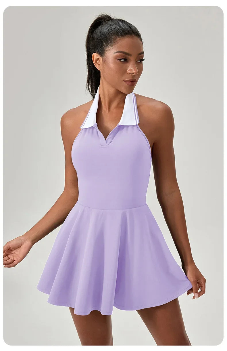 Summer Dress Vest Deep V Hanging Neck Sexy Dress for Women Contrasting Color Lapel Golf Skirt Outdoor Sports Gym Running